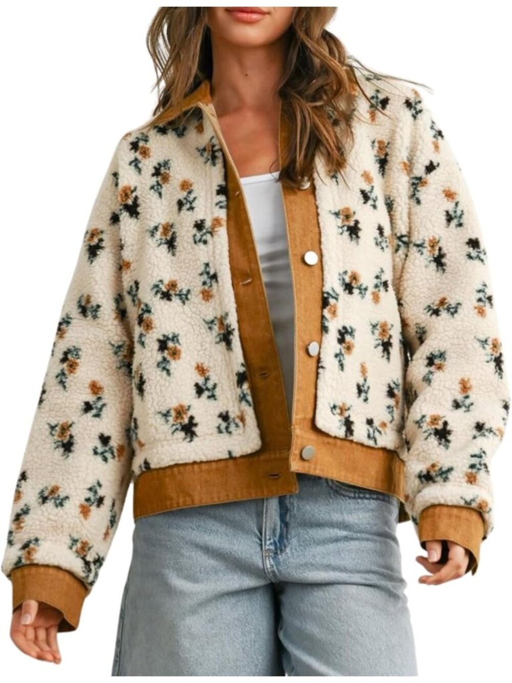 Women's Brown Floral Sherpa Front Denim Collar With Pockets Oversized Jackets